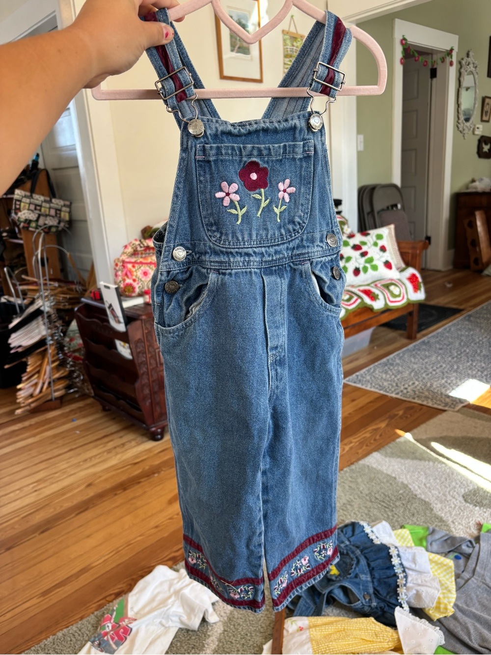 Denim Floral Embroidered Girls' Overalls